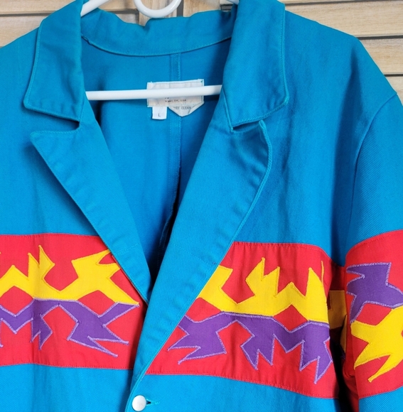 Vintage Buffalo Sun Blue Red Western Aztec Long Trench Denim Coat Jacket Large - Picture 5 of 7
